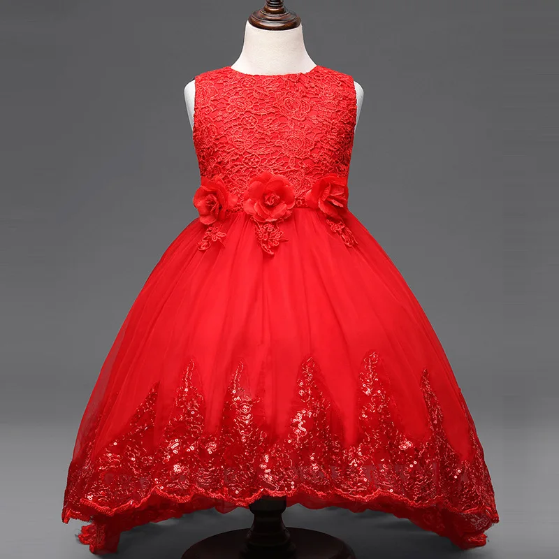 Flower Girl Dress Children Red Mesh Trailing Butterfly Girls Wedding Dress Kids Ball Gown Embroidered Bow Party Dress