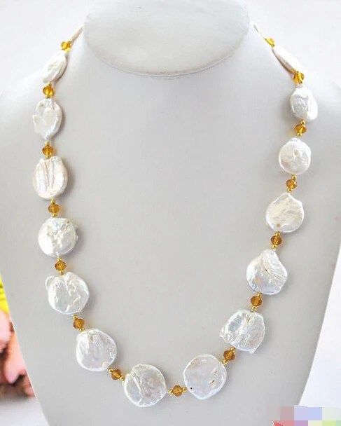 

HOT## Wholesale >>>> P5008 23" 22mm white baroque coin freshwater pearl faceted citrine necklace