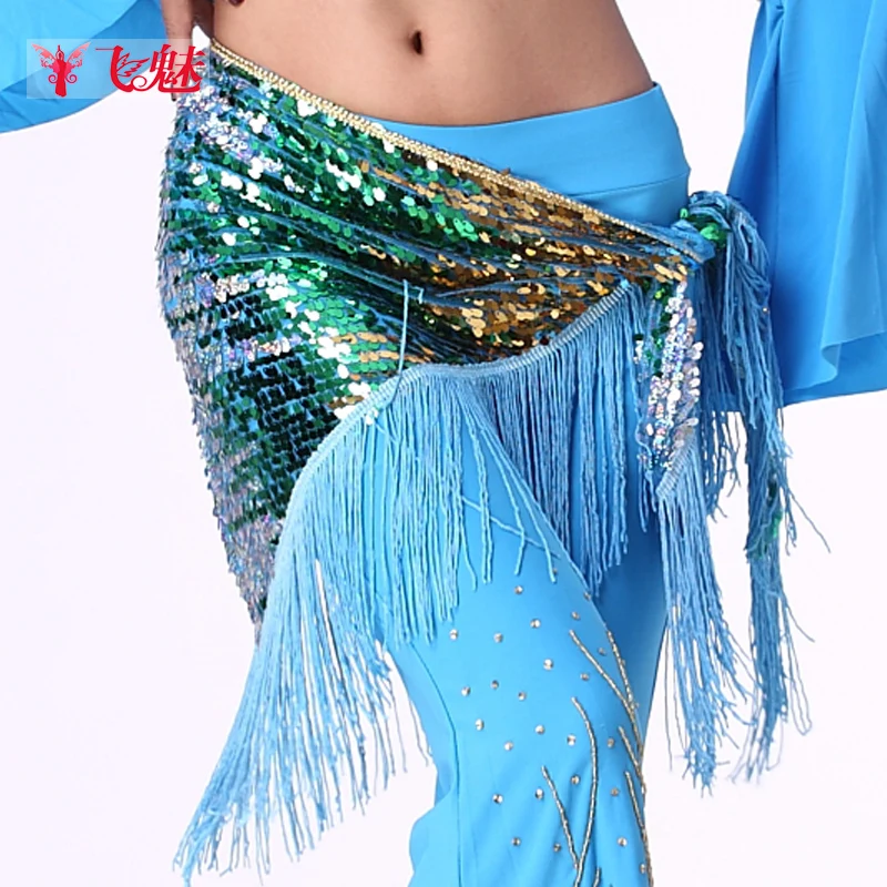 

Women's belly dance costume waist chain long Gypsy Skirt sequins tassel triangle hip scarf Tribal belts