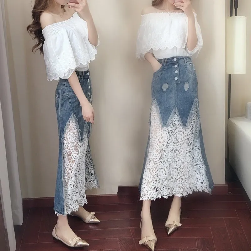 2018 Autumn New Women Lace Blouse And Denim Skirt Casual Outfits Sexy Slash Neck Hollow Out Ruffle Long 2 Piece Sets
2018 Autumn New Women Lace Blouse And Denim Skirt Casual Outfits Sexy Slash Neck Hollow Out Ruffle Long 2 Piece Sets