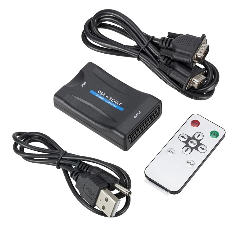 1080P VGA to SCART Video Audio Converter Adapter + Remote Control + USB Cable + VGA Cables
1080P VGA to SCART Video Audio Converter Adapter + Remote Control + USB Cable + VGA Cables