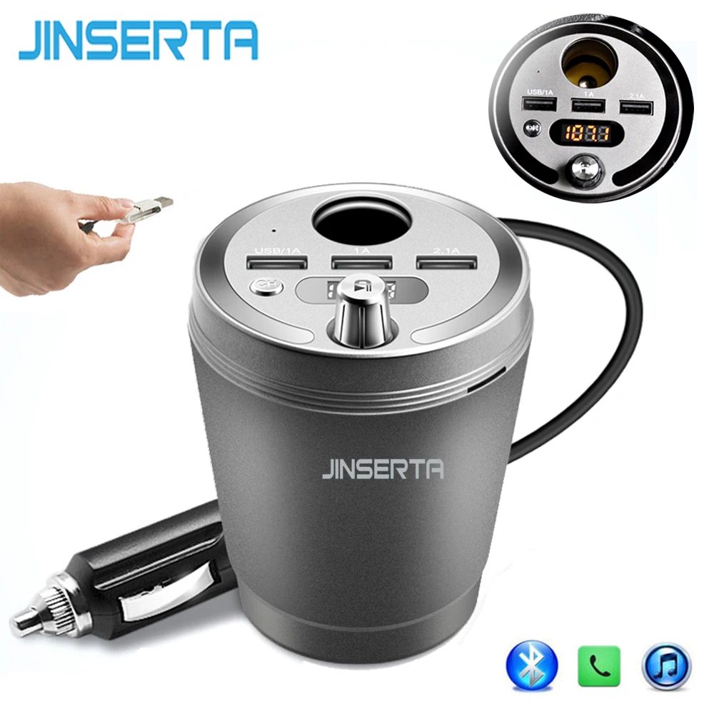 

JINSERTA Bluetooth FM Transmitter Car MP3 Player 3 USB Output 3.1A Cup Cigarette Lighter Adapter Phone Charger USB TF SD