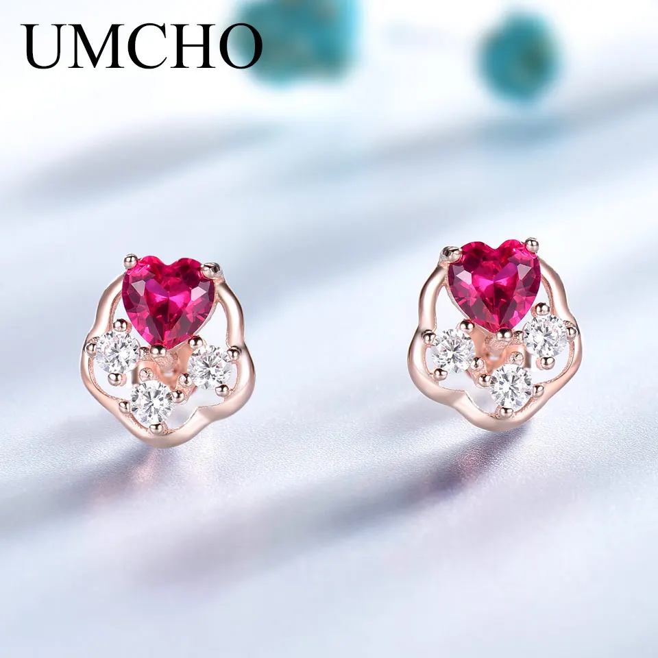 

UMCHO 925 Sterling Silver Jewelry Created Red Ruby Heart Flower Stud Earrings For Women Anniversary Romantic Gifts Fine Jewelry