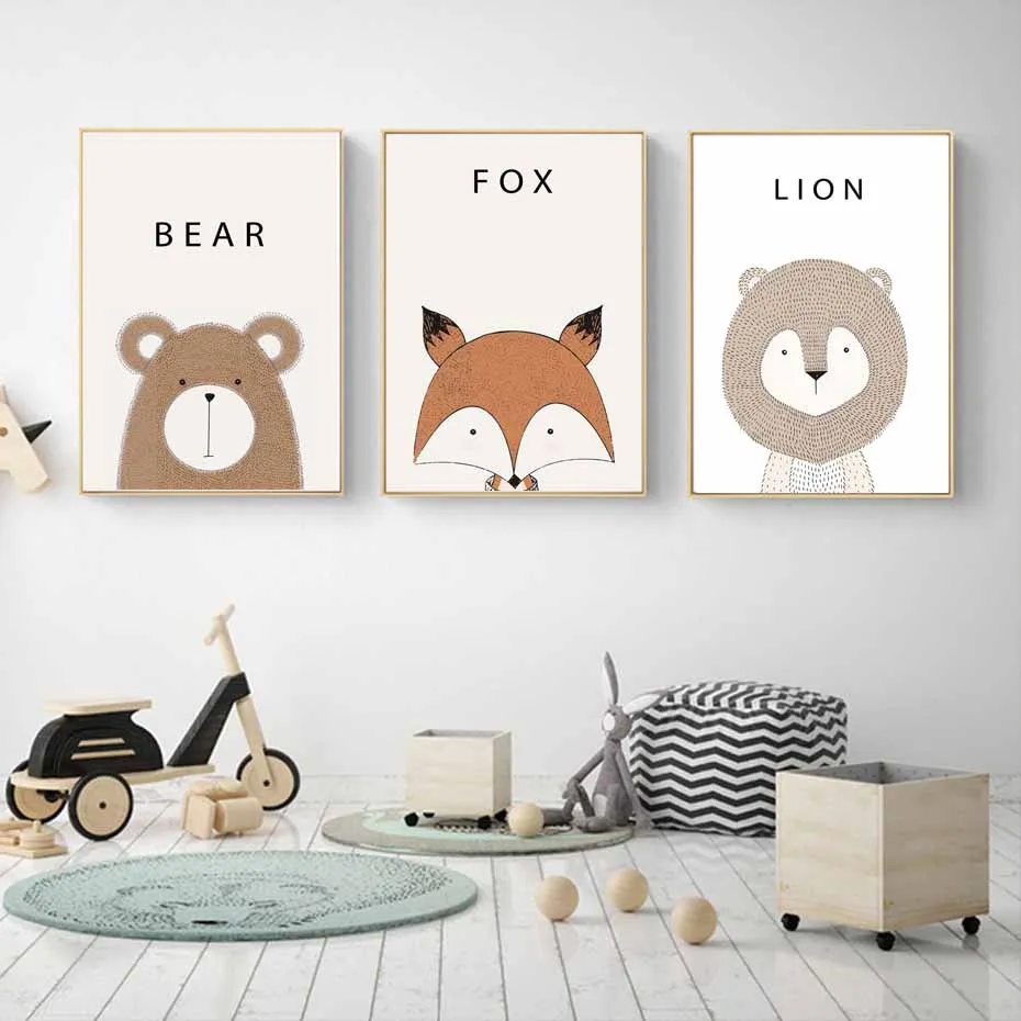 Cute-Cartoon-Animal-Fox-Lion-Bear-Canvas-Painting-Art-Print-Poster-Nursery-Wall-Picture-For-Kids