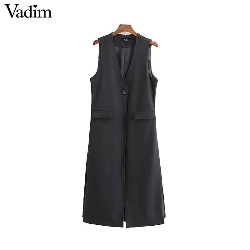 Vadim women solid black long vest coat V neck side split single button sleeveless jacket female outwear waist coat tops MA021
Vadim women solid black long vest coat V neck side split single button sleeveless jacket female outwear waist coat tops MA021