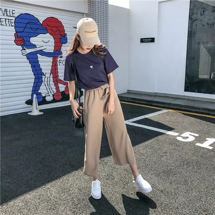 Plus Size - Casual Elastic Waist Loose Wide Leg Pants Preppy Style Trousers Female Palazzo Pants (Us 18W-20W)