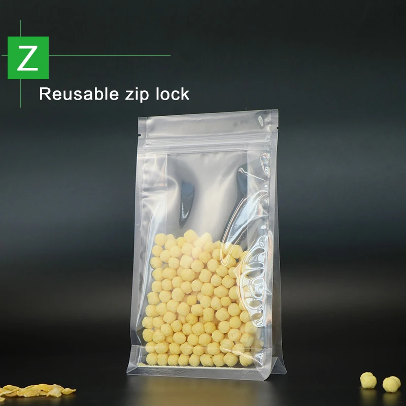 block bottom stand up pouch with zipper clear plastic laminated zip lock flat bottom quad seal rice seed food packaging bag