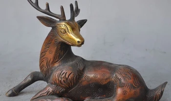 

9.4" Chinese FengShui Bronze gilt Longevity Sika Deer auspicious Statue