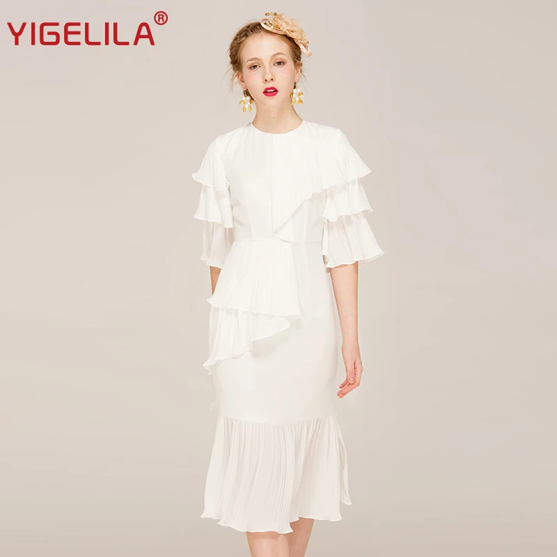 YIGELILA Women Summer White Ruffles Dress Fashion Solid O-neck Flare Sleeve Empire Slim Mid Length Pleated Dress For Party 62329
YIGELILA Women Summer White Ruffles Dress Fashion Solid O-neck Flare Sleeve Empire Slim Mid Length Pleated Dress For Party 62329