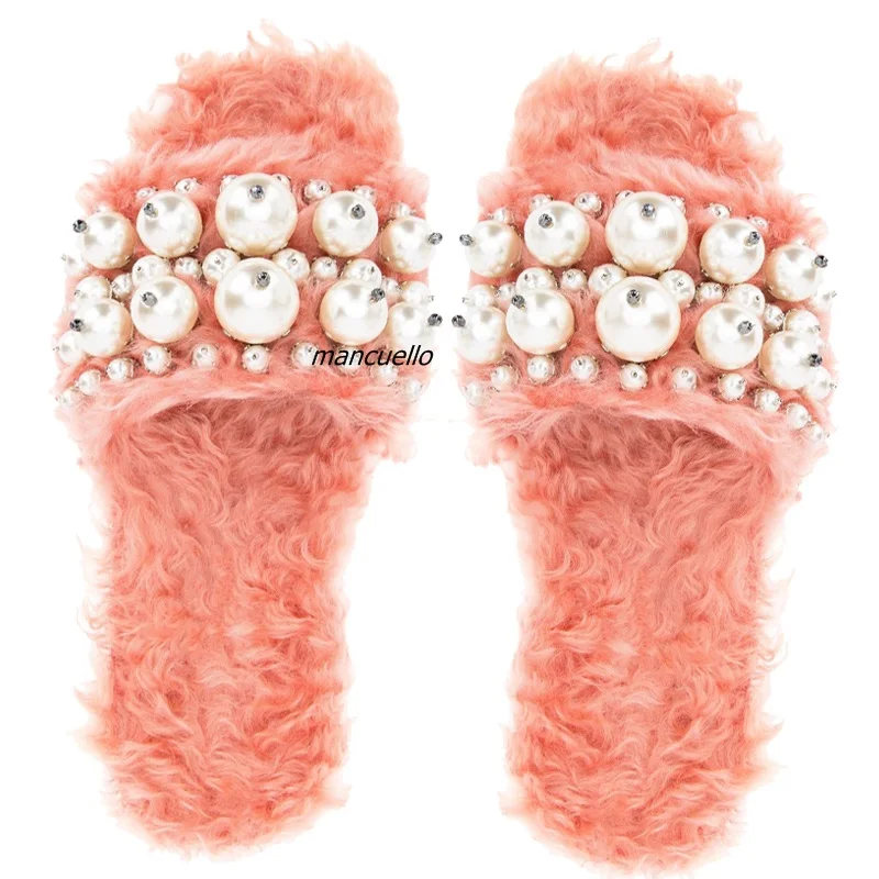 Stylish Pink Fleece Flat Stage Catwalk Slippers Women Fancy Pearl Decoration Fluffy Sandals Trendy Fashion Shoes New Arrival
Stylish Pink Fleece Flat Stage Catwalk Slippers Women Fancy Pearl Decoration Fluffy Sandals Trendy Fashion Shoes New Arrival
