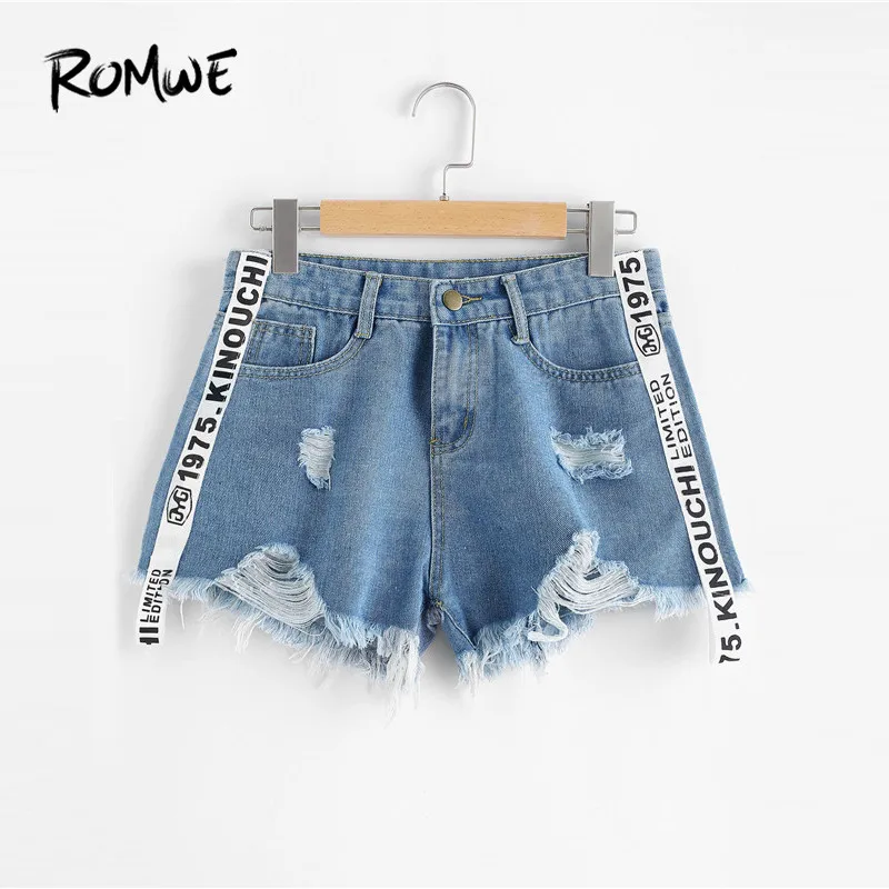 ROMWE Frayed Hem Ripped Letter Denim Shorts Blue Button Fly Mid Waist Shorts Women Summer Casual Jean Shorts
ROMWE Frayed Hem Ripped Letter Denim Shorts Blue Button Fly Mid Waist Shorts Women Summer Casual Jean Shorts