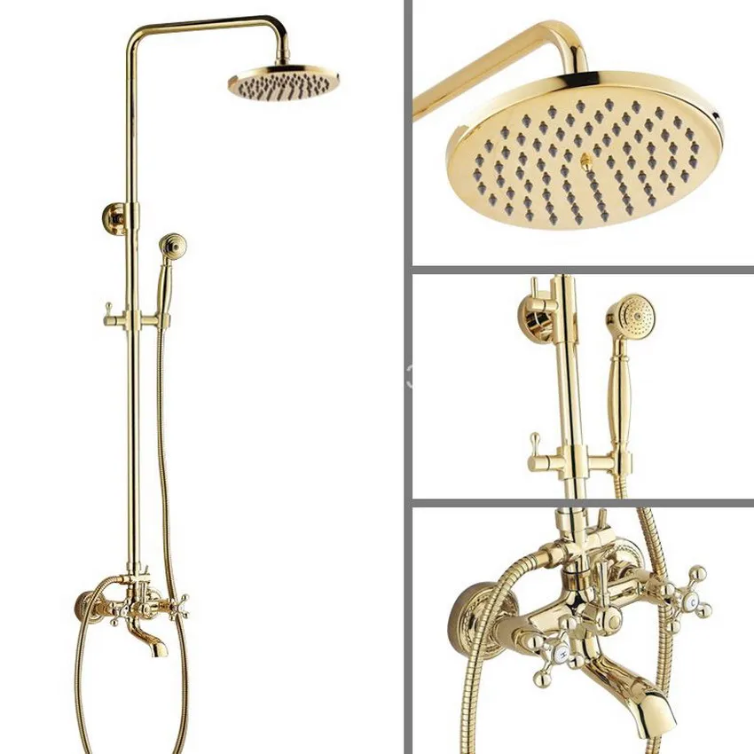 

Luxury Golden Polished Brass Wall Mounted Bathroom Rainfall Rain Shower Faucet Set Dual Cross Handles Bathtub Mixer Tap agf344