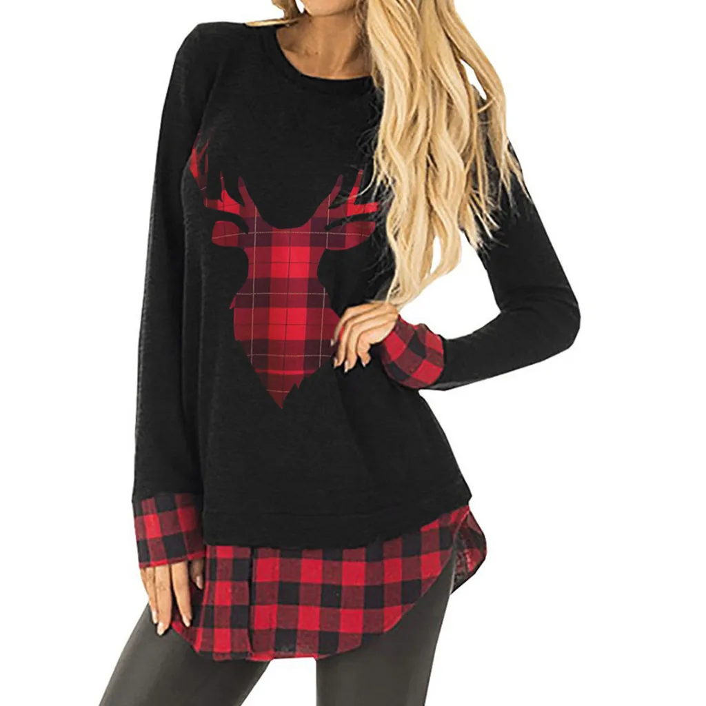 Feitong Women Christmas Tops T Shirts Causal Plaid Splice Hem Reindeer Long Sleeve Tunic Tee Shirts Femme camisas mujer 2019
Feitong Women Christmas Tops T Shirts Causal Plaid Splice Hem Reindeer Long Sleeve Tunic Tee Shirts Femme camisas mujer 2019