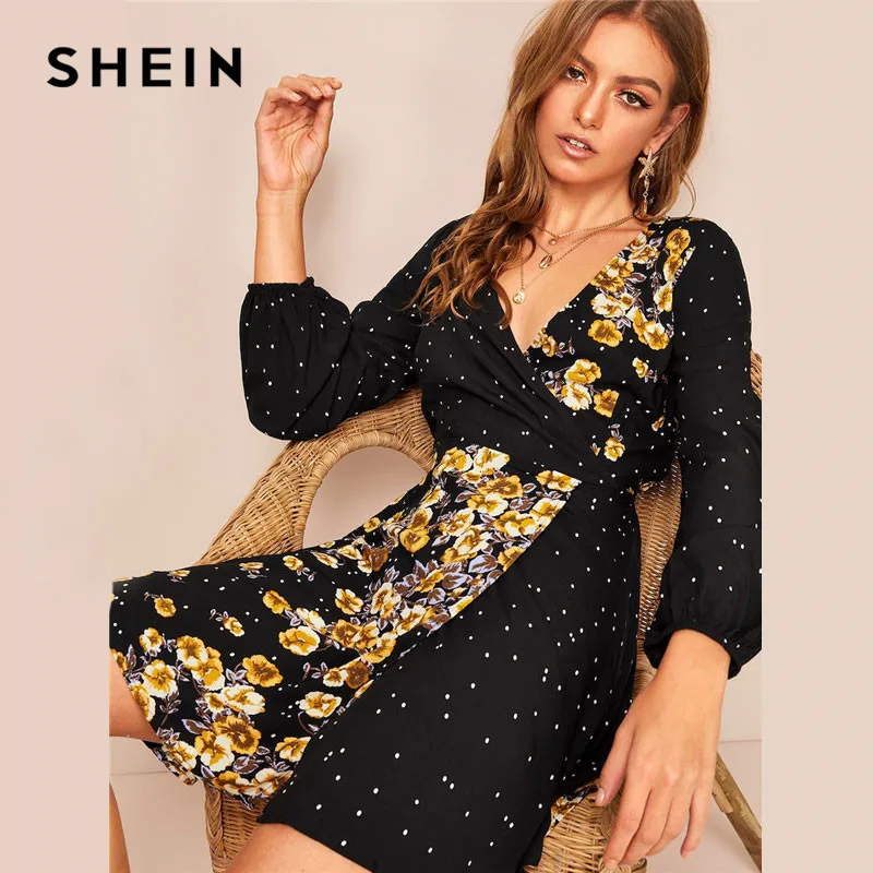 SHEIN Boho Surplice Neck Floral And Dot Print Mini Dress Spring Women Long Sleeve V Neck Casual Wrap A Line Black Dress
SHEIN Boho Surplice Neck Floral And Dot Print Mini Dress Spring Women Long Sleeve V Neck Casual Wrap A Line Black Dress
