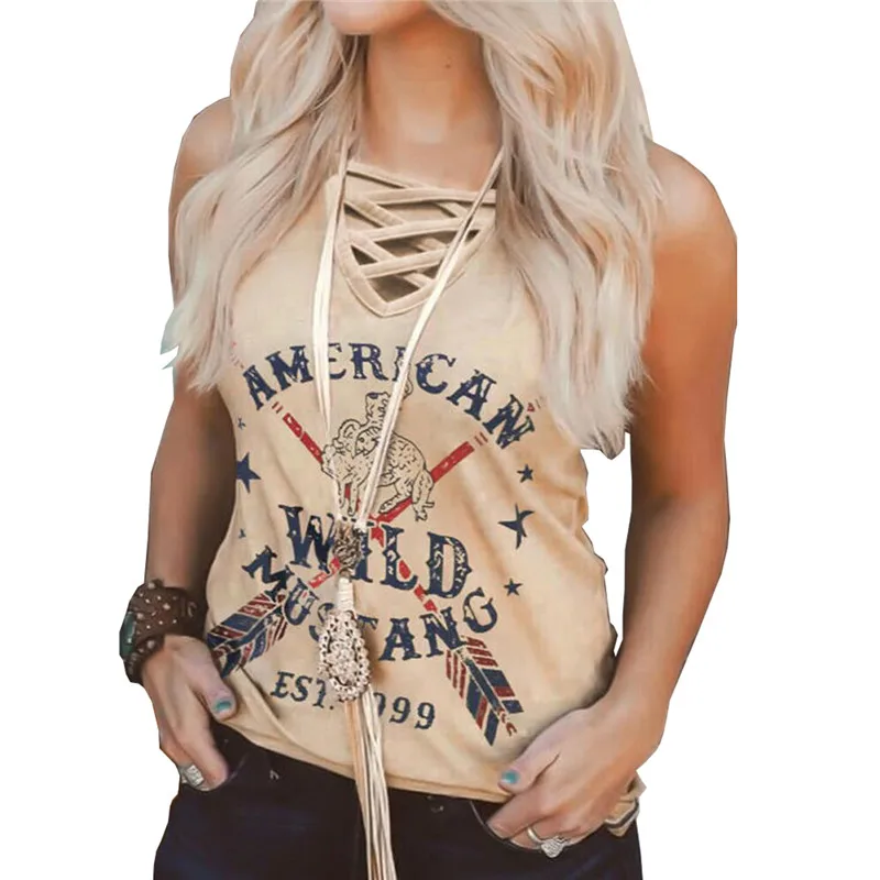 AMERICAN WILD MUSTANG Letter Print Women Tank Top With Lace Up Hollow Out Cross Cute Graphic Top V-neck Sleeveless Summer Tanks
AMERICAN WILD MUSTANG Letter Print Women Tank Top With Lace Up Hollow Out Cross Cute Graphic Top V-neck Sleeveless Summer Tanks