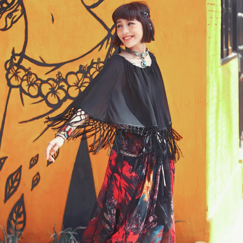 Aporia.As Spring Summer Novelty Personality False Two Piece Drawstring Waist Chiffon Tassel Cloak Mesh Print Loose Maxi Dress
Aporia.As Spring Summer Novelty Personality False Two Piece Drawstring Waist Chiffon Tassel Cloak Mesh Print Loose Maxi Dress