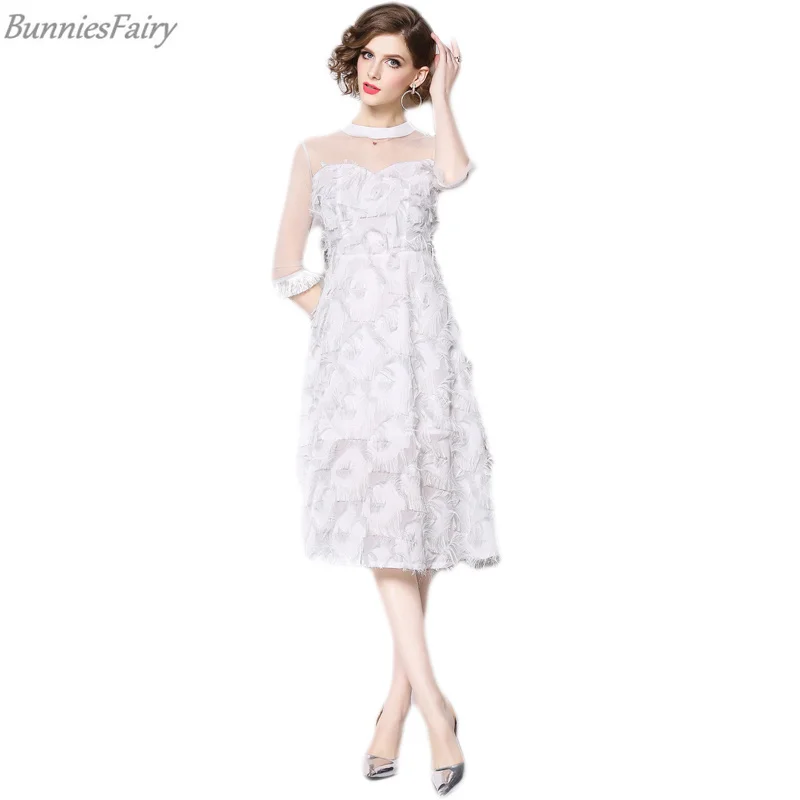 BunniesFairy 2019 Spring New Female Sweet Princess Style Chic White Feather Mesh Tassel Patchwork Fluffy Dress Birthday Party | Женская