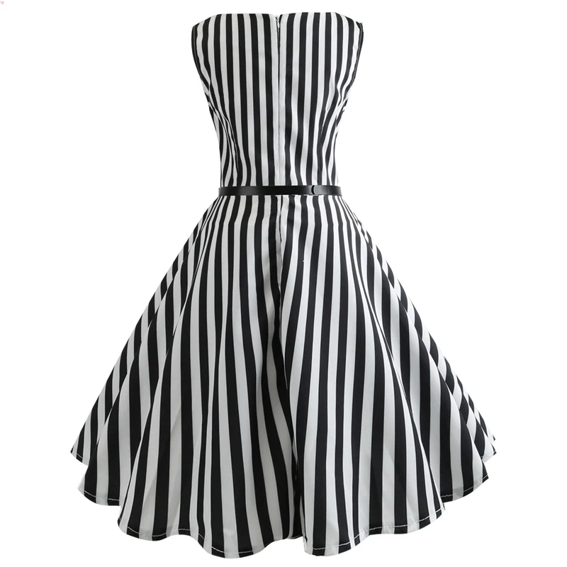 Kostlich O-Neck Casual Ladies Dresses Plus Size Summer Hepburn Vintage Dress With Sashes Women Striped Printed Big Swing Dress (4)