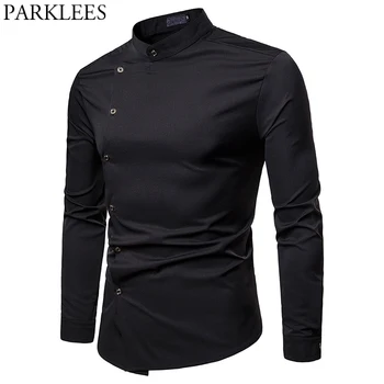 Solid Mandarin Collar Shirt Irregular Slant Button Long Sleeve Male Black Tuxedo Dress Shirts Wedding Work Hipster Chemise Homme
Solid Mandarin Collar Shirt Irregular Slant Button Long Sleeve Male Black Tuxedo Dress Shirts Wedding Work Hipster Chemise Homme