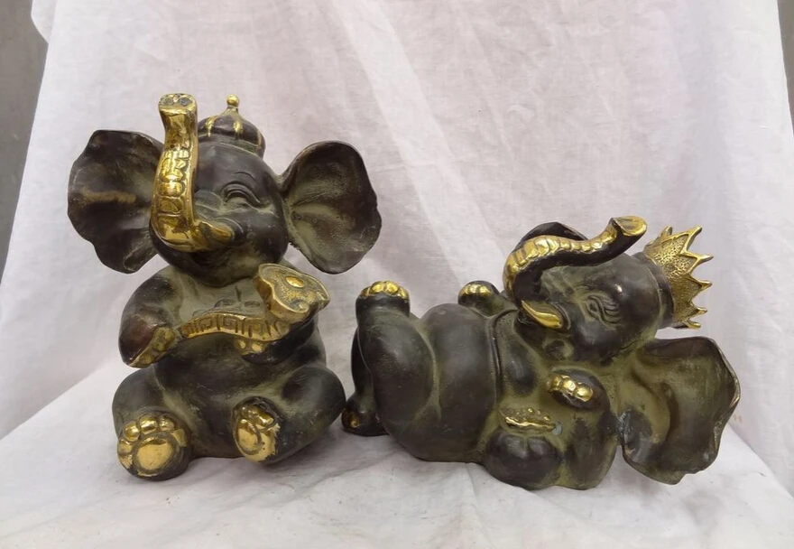 Collectible bronze S1272 9" Chinese Bronze Gilt Auspicious RuYi Elephant Kingliness Queen Statue Pair B0403