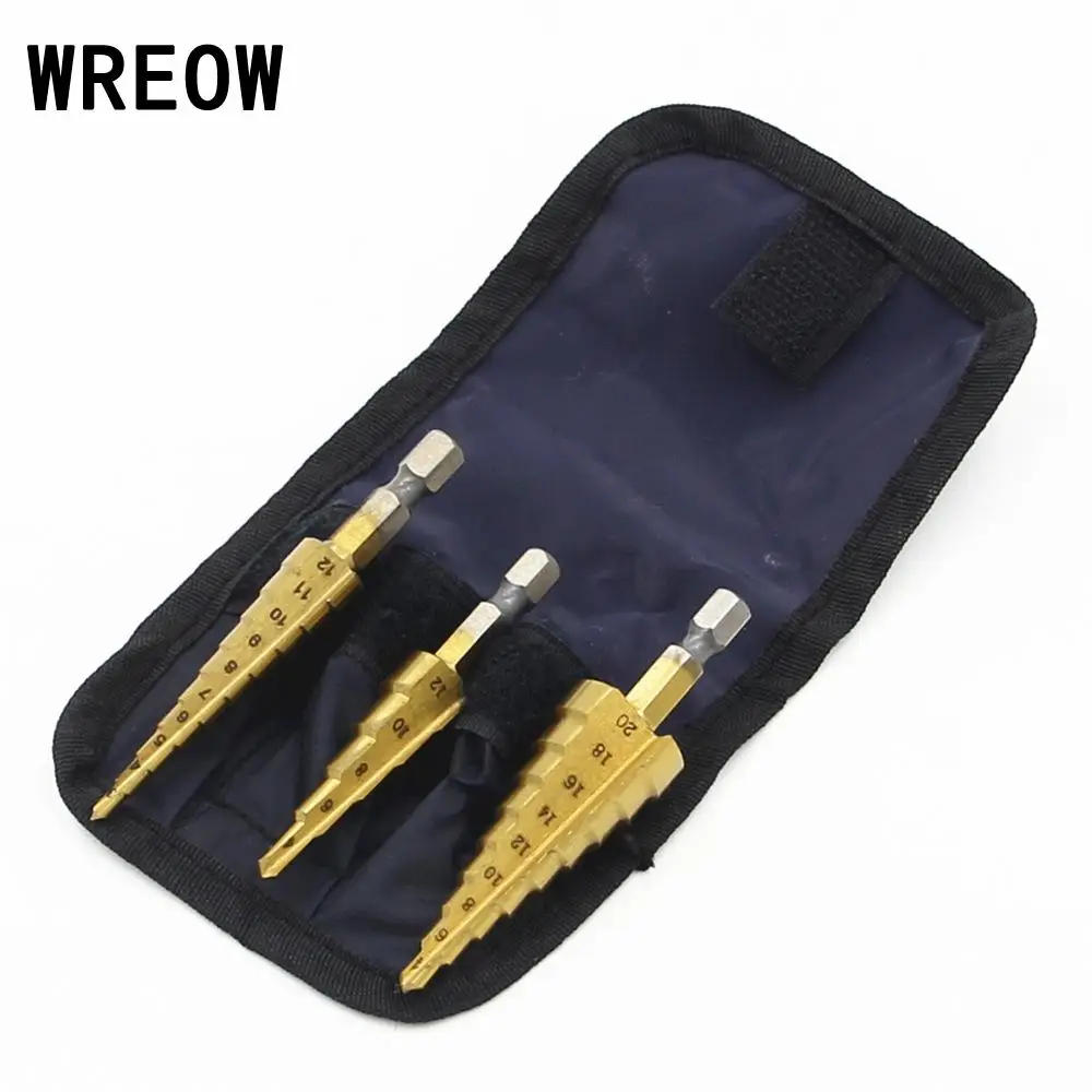 3pcs Hss Step Cone Hex Shank Titanium Coated Metal Drill Bit Cut Tool Set Step Drill Bit Hole Cutter 3-12mm 4-12mm 4-20mm W/ Bag
3pcs Hss Step Cone Hex Shank Titanium Coated Metal Drill Bit Cut Tool Set Step Drill Bit Hole Cutter 3-12mm 4-12mm 4-20mm W/ Bag