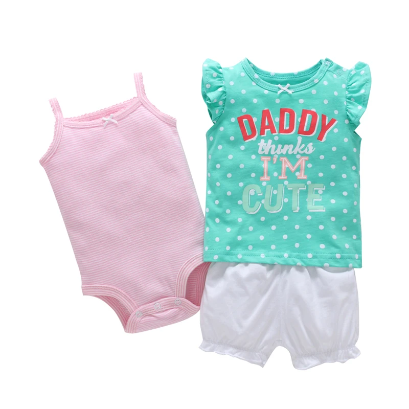 3PCS new born baby girl cute outfit summer infant clothes set sleeveless letter print T-shirt tee+bodysuit pink+butterfly shorts