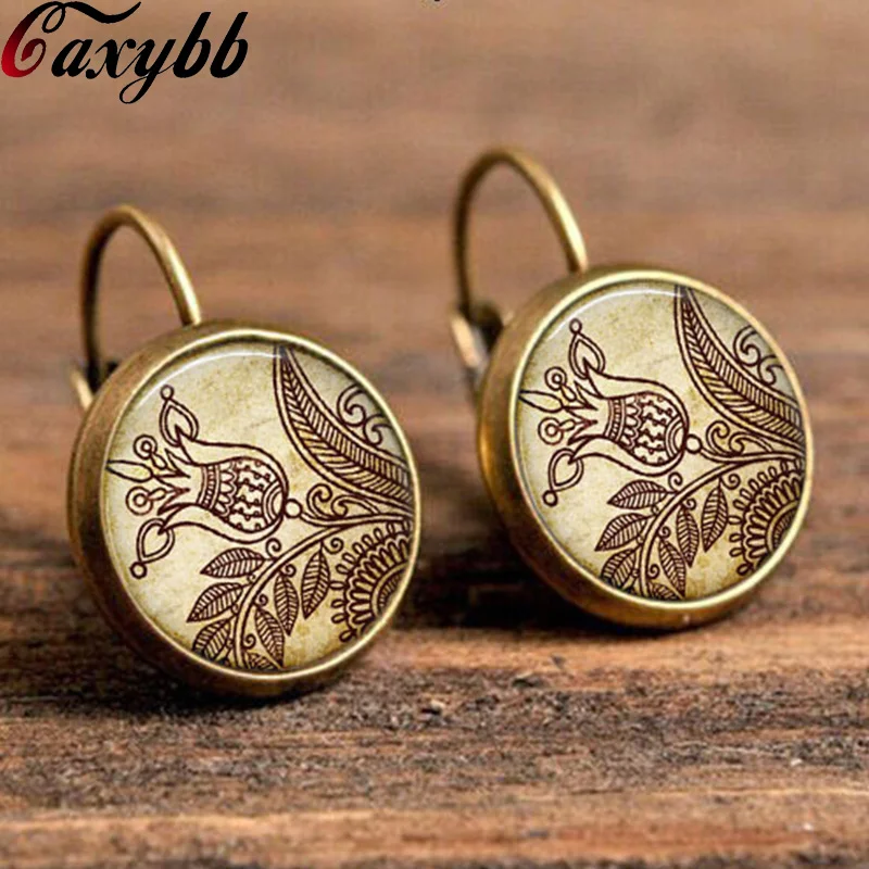 unique dome glass cabochon handmade earrings mandala flower earring om symbol zen a pair henna yoga jewelry c-e 274 | Украшения и