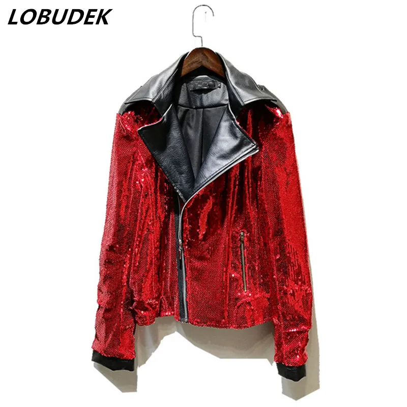 Tide Male Red Black Sequined Motorcycle Jacket Fur Leather Sequins Zippers Coat Nightclub Bar Singer Concert Dance Team Costume
Tide Male Red Black Sequined Motorcycle Jacket Fur Leather Sequins Zippers Coat Nightclub Bar Singer Concert Dance Team Costume