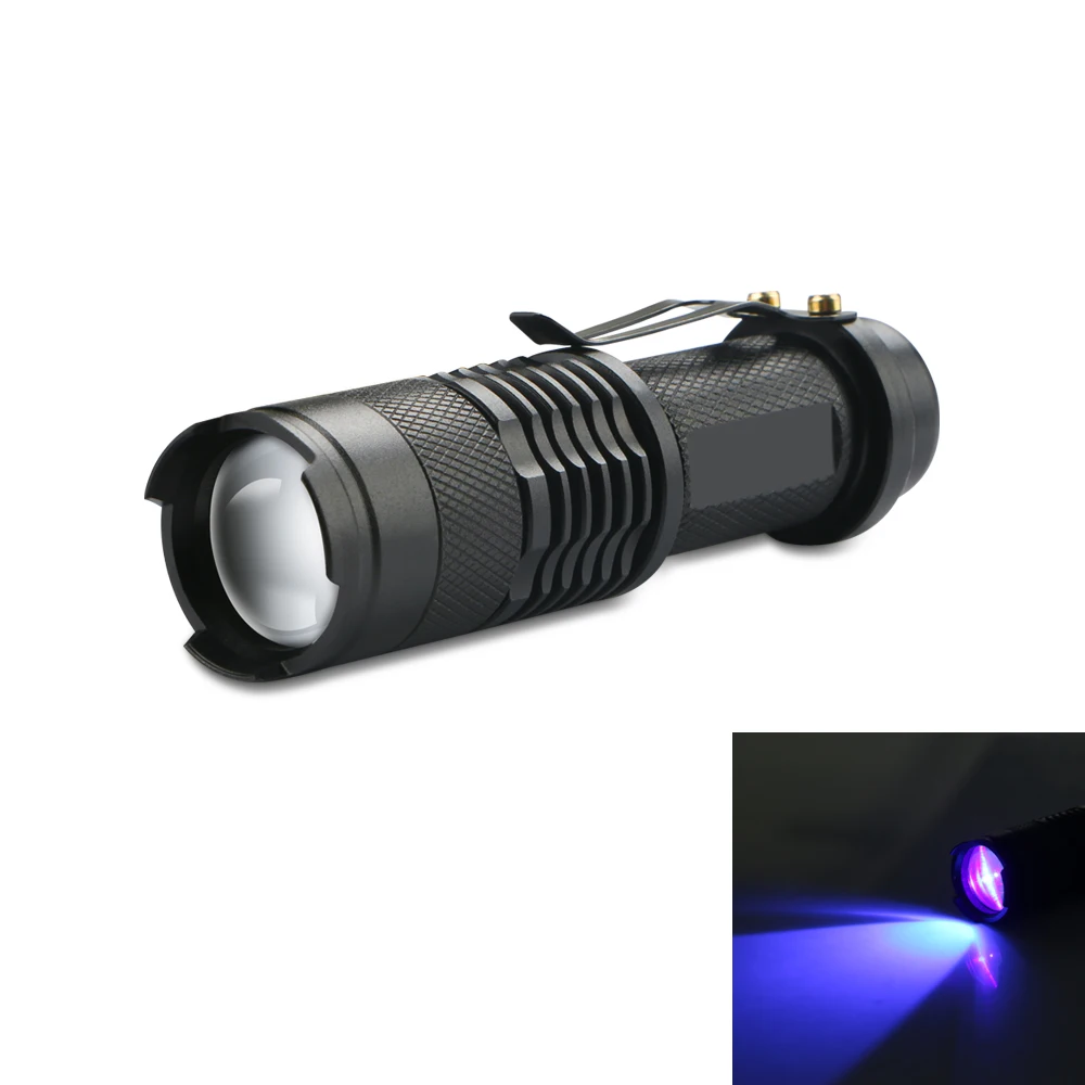 Mini Portable Zoomable LED UV Flashlight Torch 395nm Purple Ultra Violet Light Blacklight UV Torch Lamp Lantern AA/14500 Battery
Mini Portable Zoomable LED UV Flashlight Torch 395nm Purple Ultra Violet Light Blacklight UV Torch Lamp Lantern AA/14500 Battery