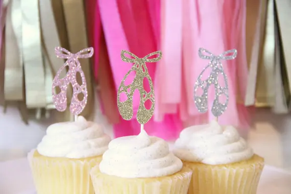 

Glitter Ballet Slipper Cupcake Toppers girl baby shower baptism wedding Ballet Birthday, Dance Party Decor