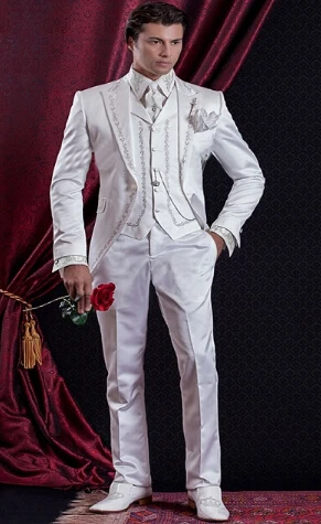 Image Custom Made White Mens Suits Vintage Print Wedding Suits For Men 2017 Groom Tuxedos Three Piece Suit (jacket+pants+vest)