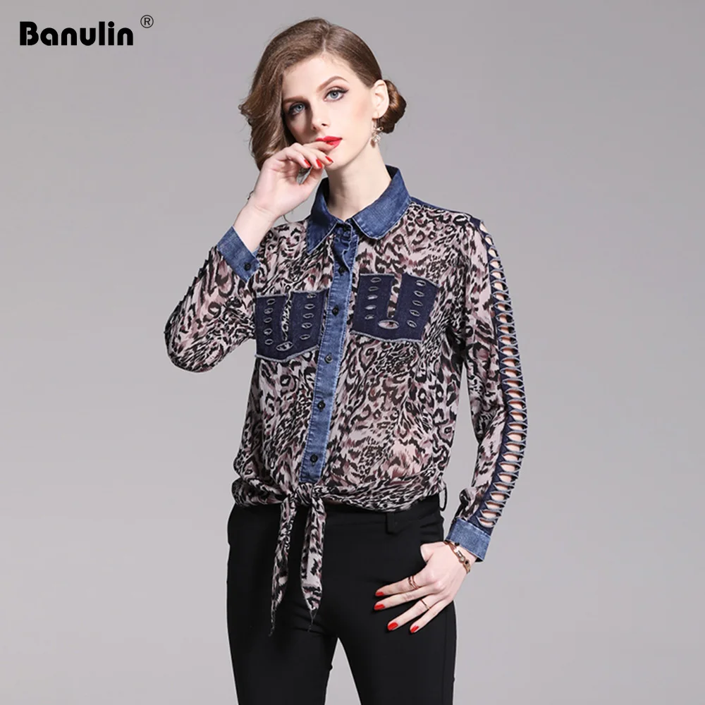 2019 Spring Runway Designers Womens Tops and Blouses Elegant Long Sleeve Leopard Print Stutching Denim Lace Up Vintage Shirt
2019 Spring Runway Designers Womens Tops and Blouses Elegant Long Sleeve Leopard Print Stutching Denim Lace Up Vintage Shirt