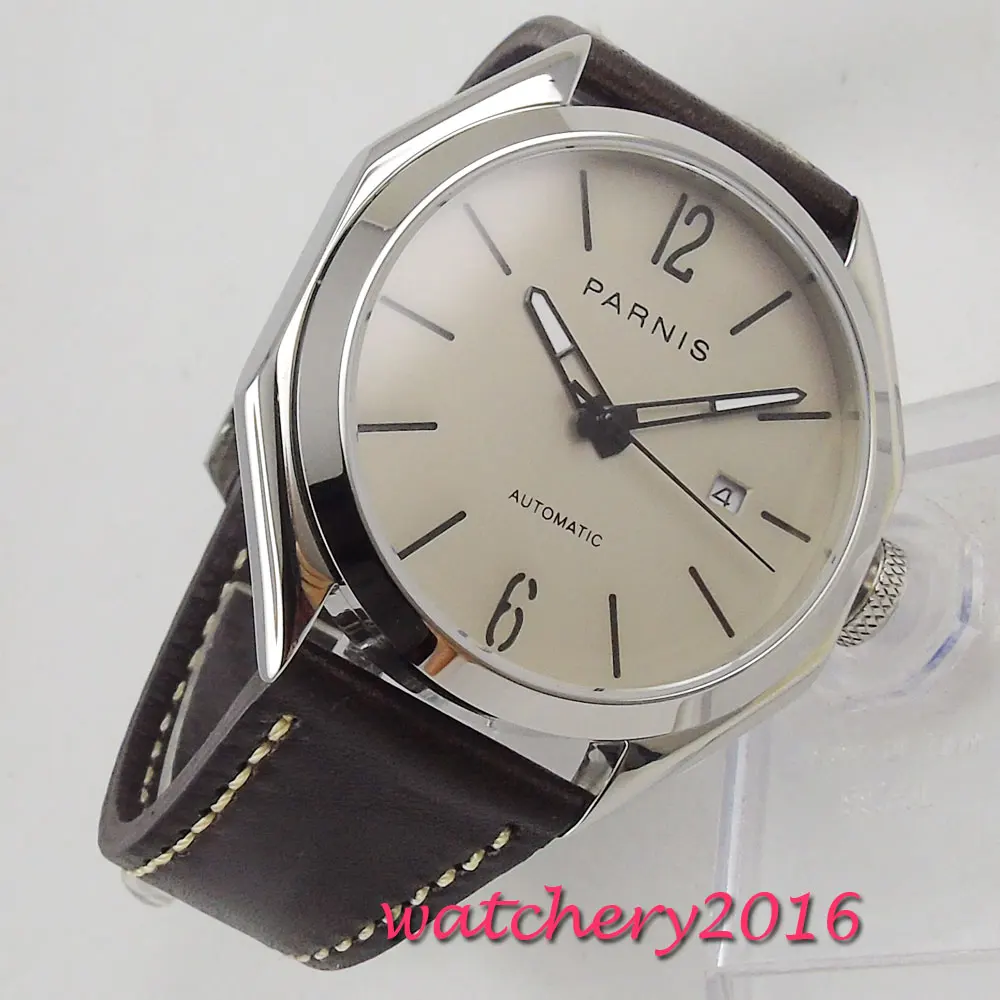 

43mm PARNIS Grey Dial polished Bezel luminous hands Sapphire Glass Date Miyota 821A Automatic Movement men's Watch