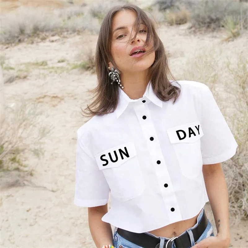 High Street Sunday Letter Printed Blouse Women Summer Chic Girl's Short Sleeve Buttons Pockets Shirts Streetwear Party 2019
High Street Sunday Letter Printed Blouse Women Summer Chic Girl's Short Sleeve Buttons Pockets Shirts Streetwear Party 2019