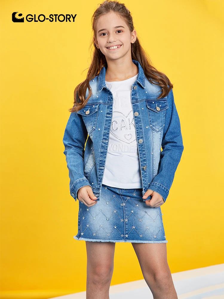 GLO-STORY детская джинсовая куртка с вышивкой и жемчугом для девочек 2019 костюмы юбкой