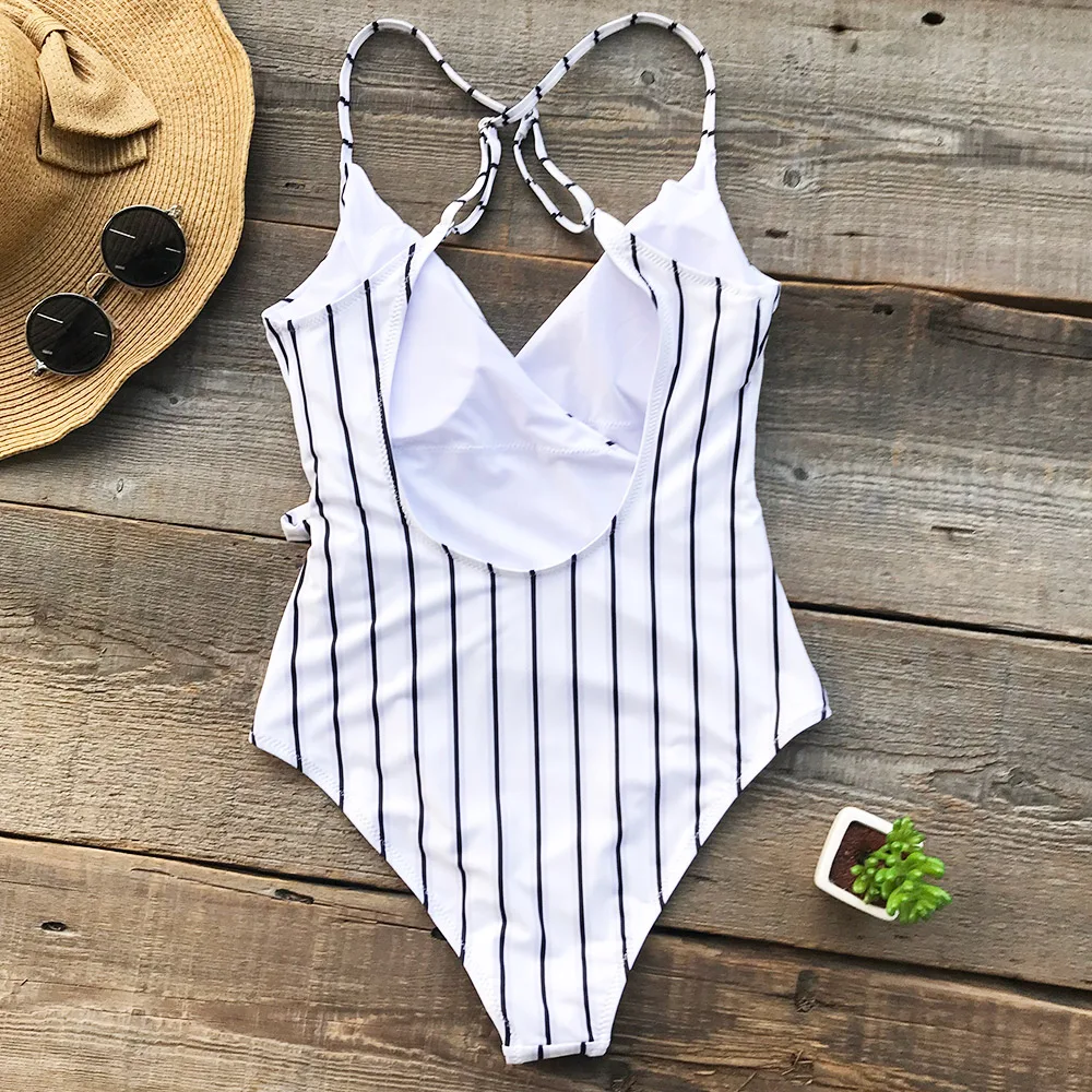 2FREE SHIPPING Young Stripe One-piece Swimsuit Deep V neck JKP369