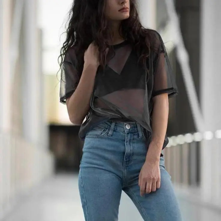 Sexy Perspective Mesh t-shirt fashion Womens High Street O-Neck summer shirt top Fashion Black T-shirt Tops 2019 poleras mujer
Sexy Perspective Mesh t-shirt fashion Womens High Street O-Neck summer shirt top Fashion Black T-shirt Tops 2019 poleras mujer