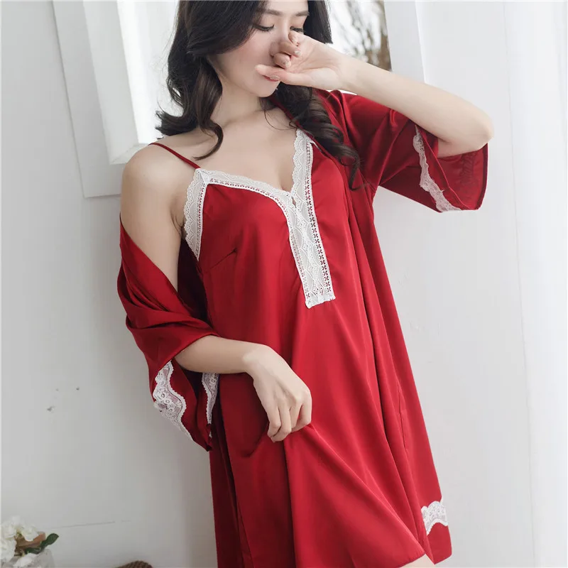 Summer 2 Pieces Sleepwear Women Rayon Kimono Bath Gown Sexy V-Neck Nighty+Robe Suit Lace Trim Casual Nightwear Home Dress
Summer 2 Pieces Sleepwear Women Rayon Kimono Bath Gown Sexy V-Neck Nighty+Robe Suit Lace Trim Casual Nightwear Home Dress