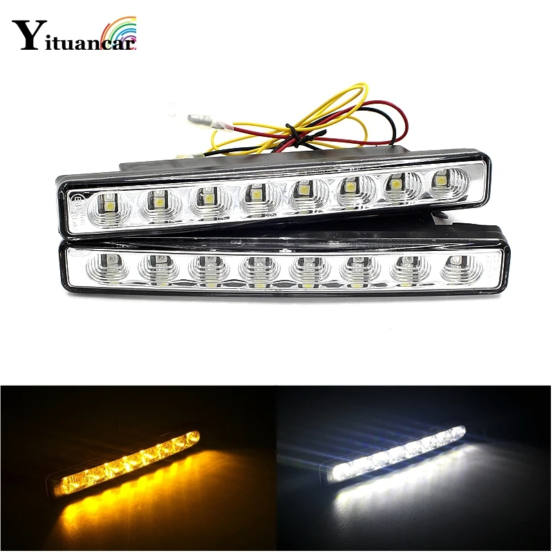 Yituancar 2Pcs 10W 155MM 2X8 LEDs White DRL Daytime Running Light Amber Turn Signal Steering Car Styling DC12V 148LM Day Lamp | Автомобили