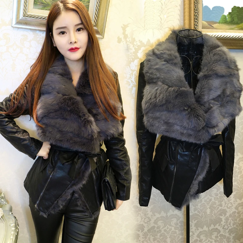 Elegant Real rabbit Fur collar Faux leather jacket Winter Women black biker PU Jacket Thick Warm Faux Fur Coat With Thicken PY47
Elegant Real rabbit Fur collar Faux leather jacket Winter Women black biker PU Jacket Thick Warm Faux Fur Coat With Thicken PY47