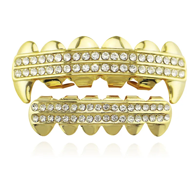 Punk Gold Teeth Grillz 2 Row Iced Out Grills Dental Hip Hop Vampire Fangs Teeth Caps Halloween Party Body Jewelry XHYT1019-1
Punk Gold Teeth Grillz 2 Row Iced Out Grills Dental Hip Hop Vampire Fangs Teeth Caps Halloween Party Body Jewelry XHYT1019-1