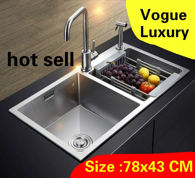 

Free shipping Apartment high quality kitchen manual sink double groove food grade 304 stainless steel hot sell 780x430 MM