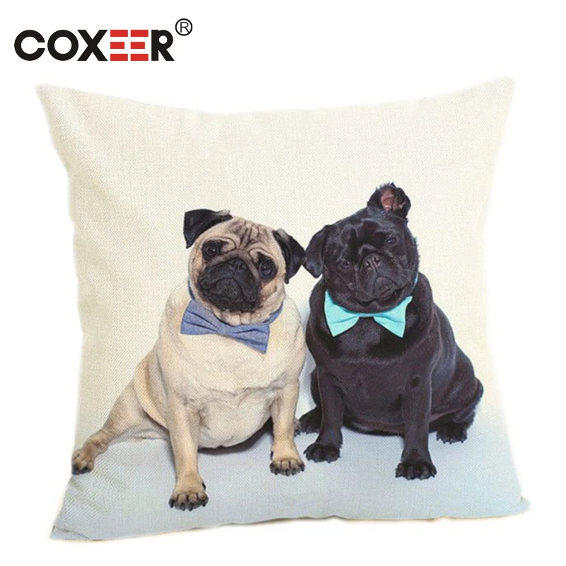 

coxeer Cute Cartoon Pillow Cover Lazy Pug Printed Pillowcase Linen Cotton Decorative Pillow Cover Home Decor Kussenhoes 45x45cm