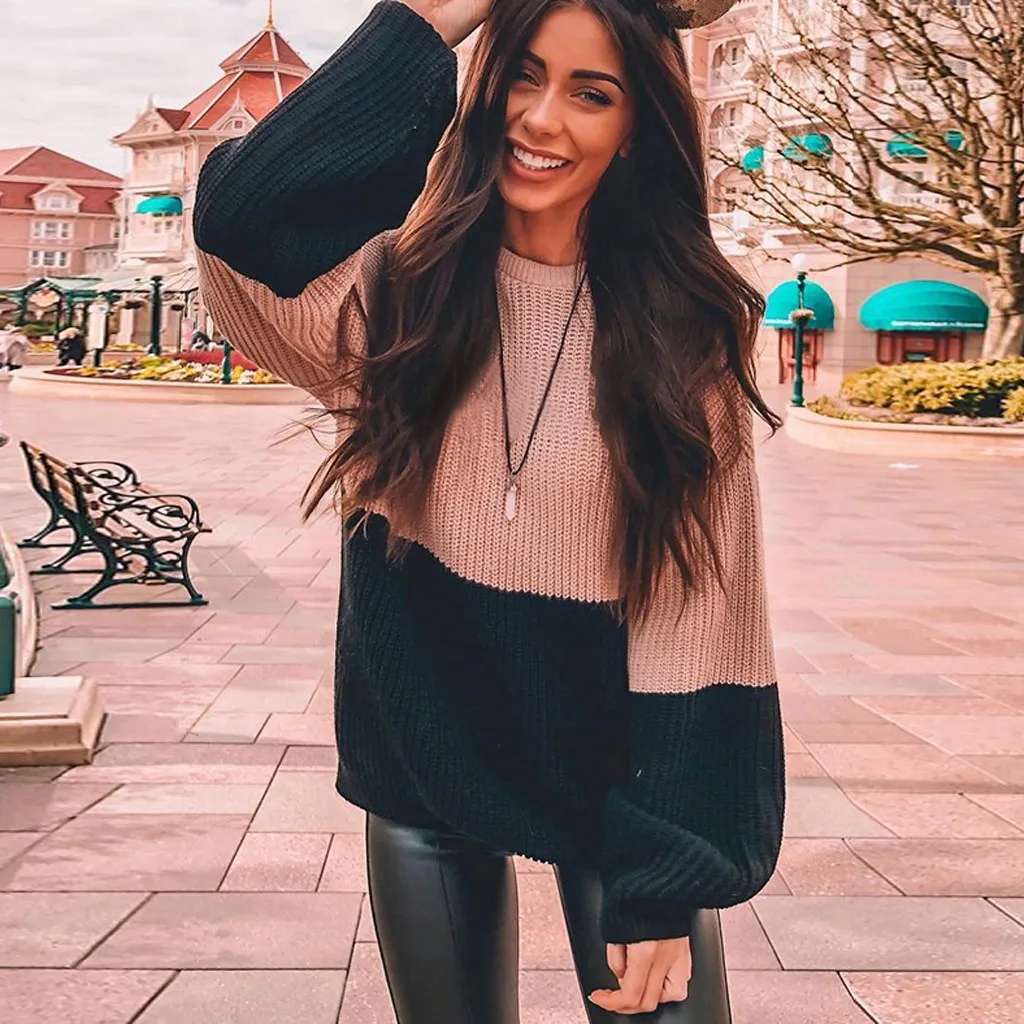 2019 Fashion Women Casual Knitt Patchwork Pullover Long Sleeve O-Neck T-shirt Sweater Blouse blusas de inverno feminina 50 | Женская
