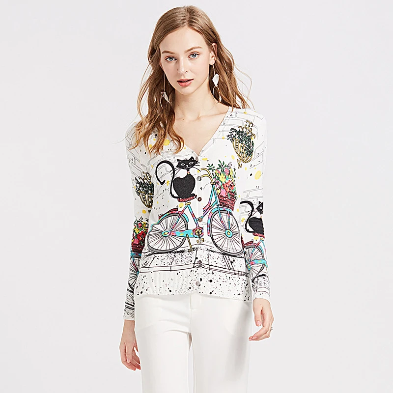 Autumn Spring Sweater For Women Elegant Harajuku Cat Bicycle Print V Neck Cardigans Sweater Jackets Tricot Femme Jersey
Autumn Spring Sweater For Women Elegant Harajuku Cat Bicycle Print V Neck Cardigans Sweater Jackets Tricot Femme Jersey