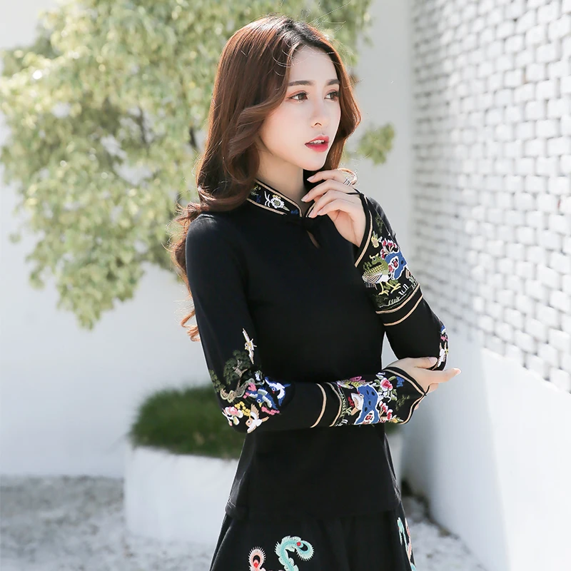 KYQIAO Traditional Chinese shirt women ethnic mandarin collar long sleeve black embroidery blouse blusa tops cosplay costumes
KYQIAO Traditional Chinese shirt women ethnic mandarin collar long sleeve black embroidery blouse blusa tops cosplay costumes