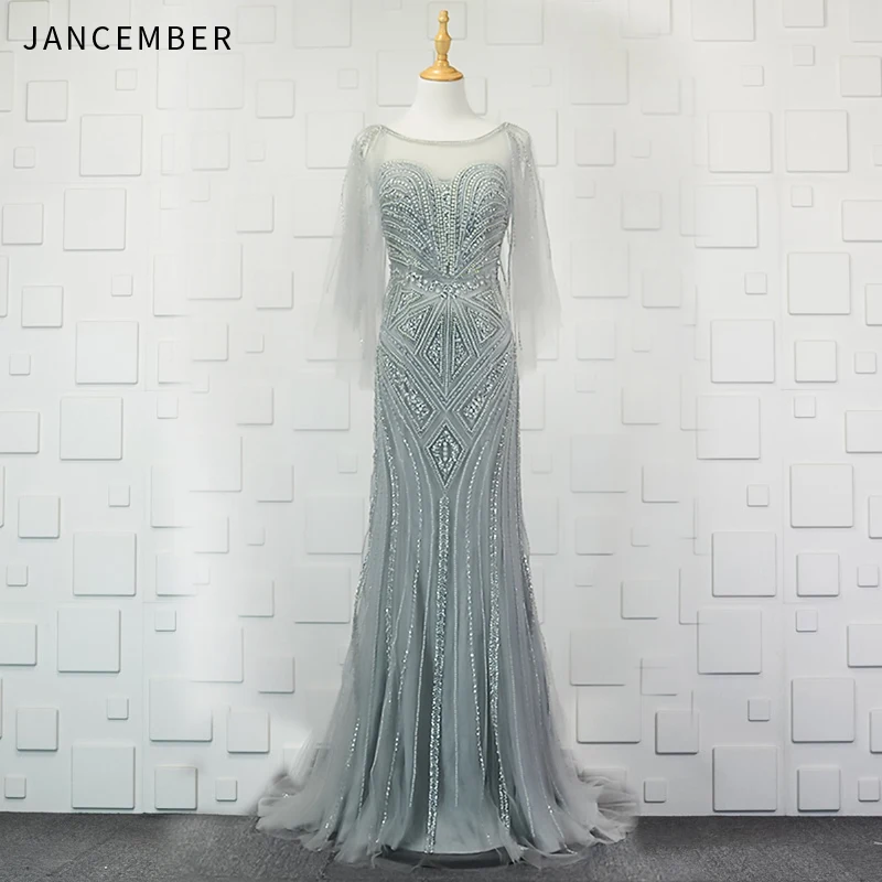 Фото JANCEMBER Luxury abend kleider Beading Crystal Pattern Sequined Illusion O-Neck Court Train Mermaid long sleeve evening gown | Свадьбы и
