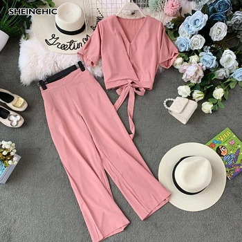 2019 Summer Autumn Women Pink Blue Red Two Piece Set Elegant V Neck Short Chic Tops+Loose Leg Pants Vintage Female 2 Piece Set
2019 Summer Autumn Women Pink Blue Red Two Piece Set Elegant V Neck Short Chic Tops+Loose Leg Pants Vintage Female 2 Piece Set
