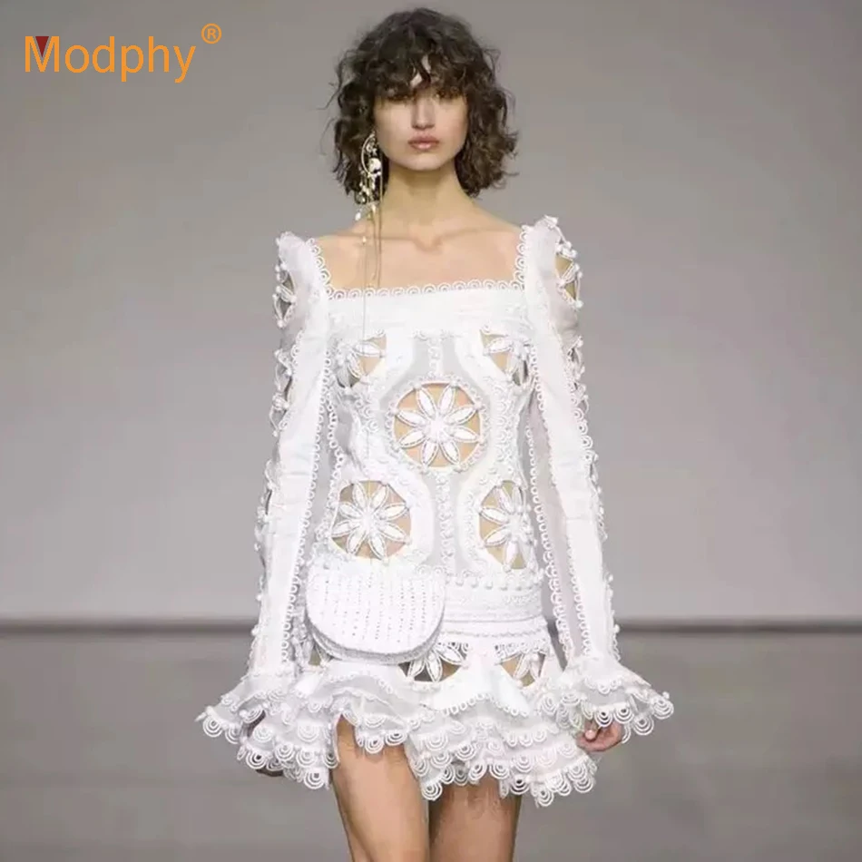 

2019 new elegant white lace openwork chiffon dress sexy women's long sleeve mini fishtail dress celebrity party dress Vestidos