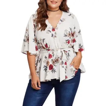 

Plus Size 5XL Women's Summer Blouse Sexy V Neck Floral Print Flare Sleeve Belted Surplice Peplum Tops And Blouse blusas feminina